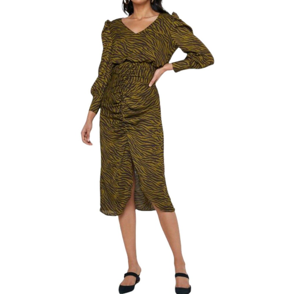 Moon River Anthropologie Tiger Animal Stripe Ruched Green Midi Size M Estimated - Picture 12 of 12